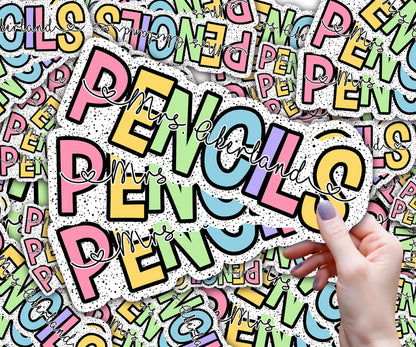 Custom Pencil Dispenser Waterproof Vinyl Decal OR Magnetic Decal Personalized with a name,  Rainbow Dotted Theme, Teacher Appreciation Gift