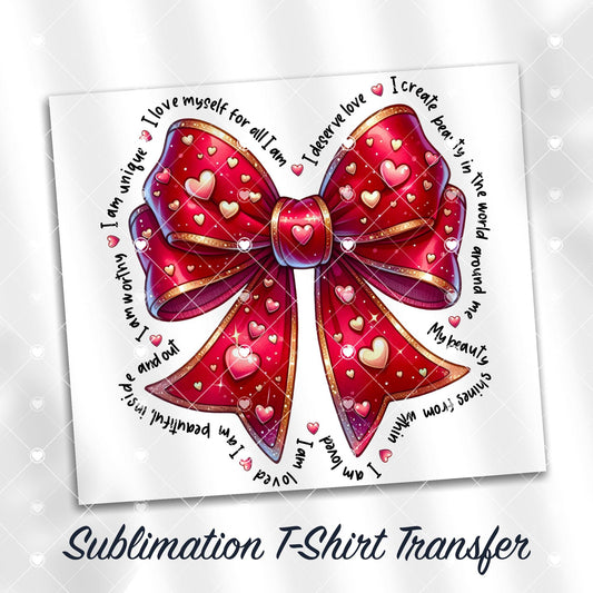 Valentines Bow with Hearts Sublimation T-Shirt Transfer, Ready to Press, SHIPS NEXT DAY