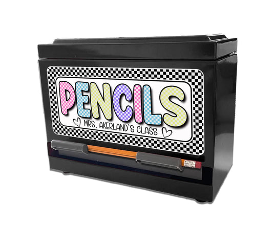 Pencil Dispenser Vinyl Decal Personalized with a name, Waterproof Vinyl Decal for Dispenser Checkered Classroom Theme Decal, Classroom Decor