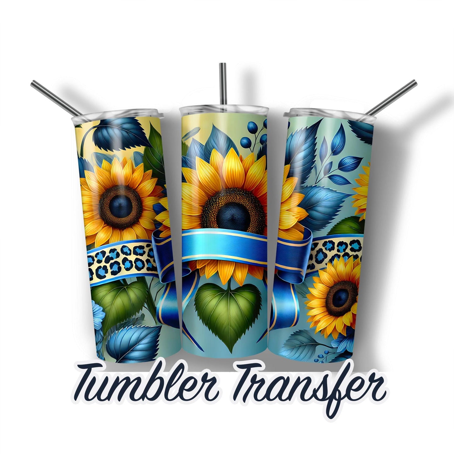 Blue Ribbon and Sunflowers Ready to Press Sublimation Transfer Print 20 oz - 30 oz Tumblers  Ships Next Day