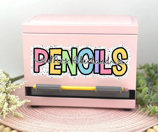 Custom Pencil Dispenser Waterproof Vinyl Decal OR Magnetic Decal Personalized with a name,  Rainbow Dotted Theme, Teacher Appreciation Gift