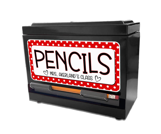 Custom Pencil Dispenser Vinyl Decal Personalized with a name, Waterproof Decal, Polka Dot Theme, Teacher Appreciation Approx. 3.5x7.5 inches