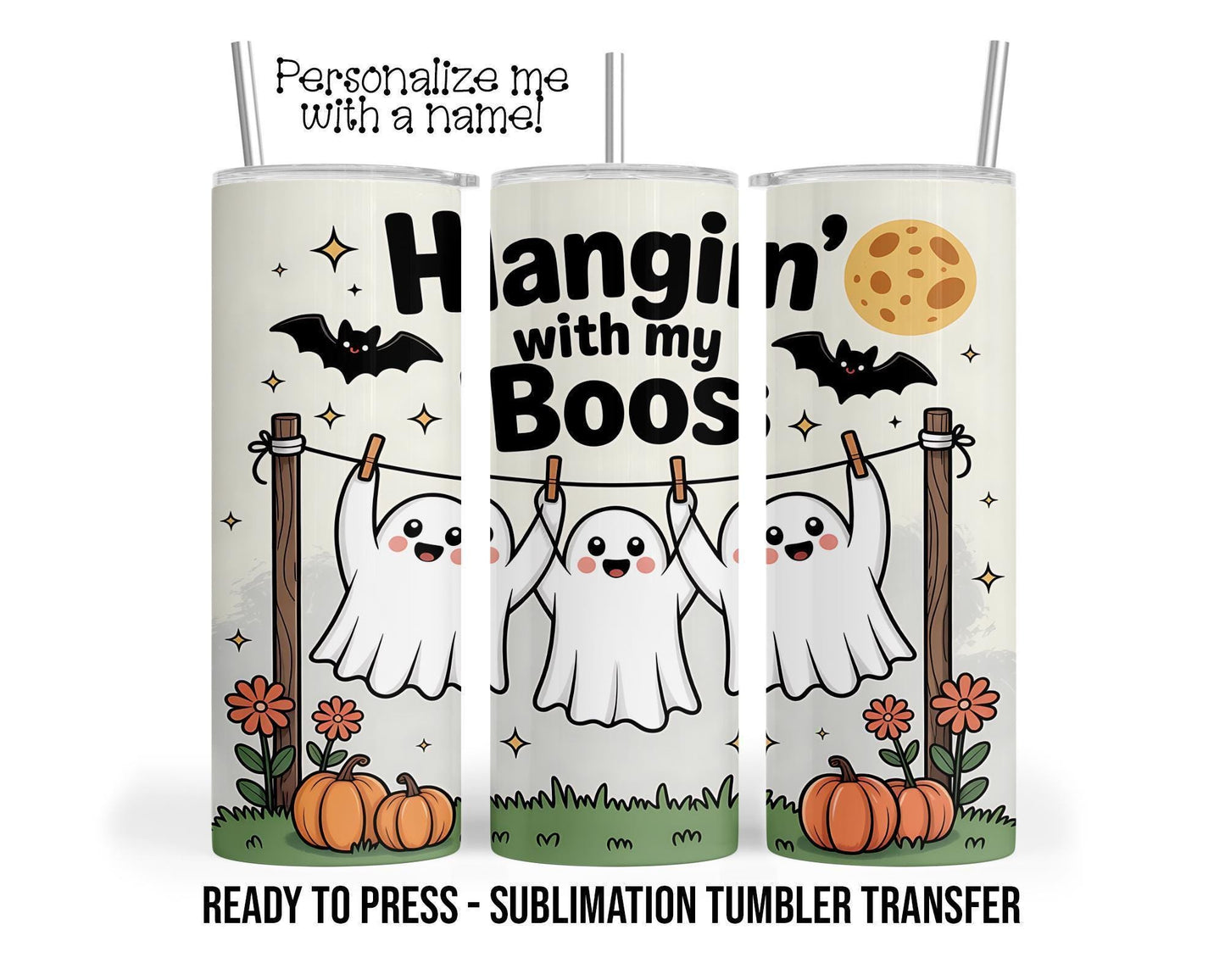 Sublimation Tumbler Transfer – 20oz Tumbler Wrap | Halloween Ghost Friends Design