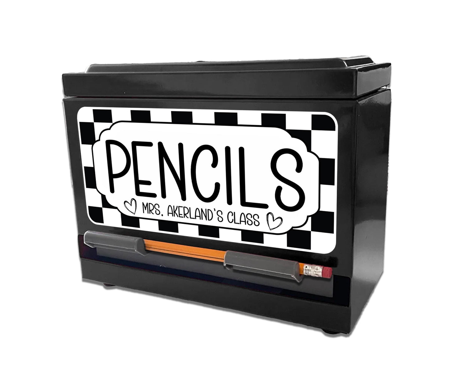 Custom Pencil Dispenser Vinyl Decal Personalized with a name, Waterproof Decal, Retro Checker, Teacher Appreciation Approx. 3.5x7.5 inches