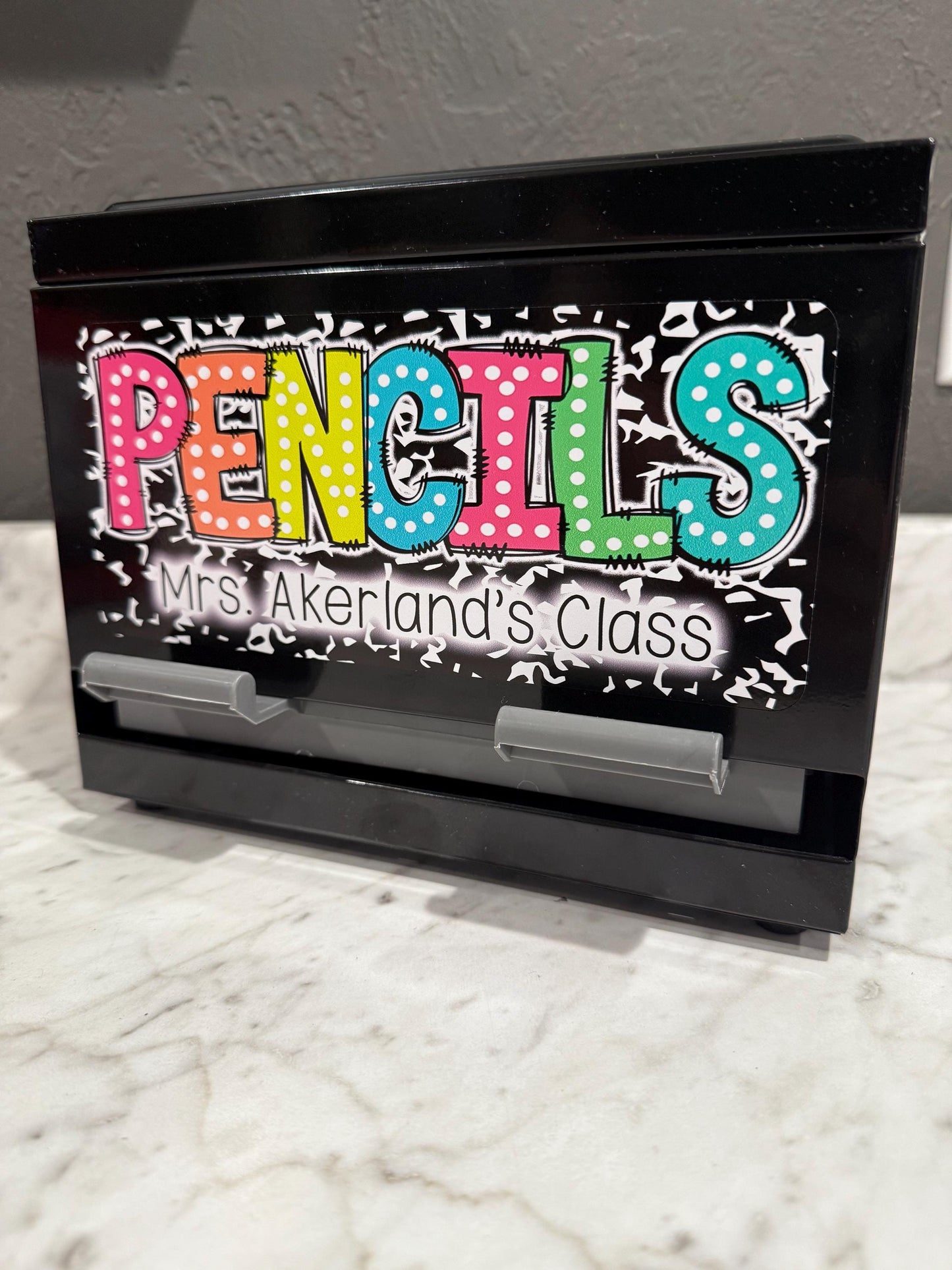 Custom Pencil Dispenser Vinyl Decal Personalized with a name, Waterproof Decal, Rainbow Theme, Teacher Appreciation Approx. 3.5x7.5 inches