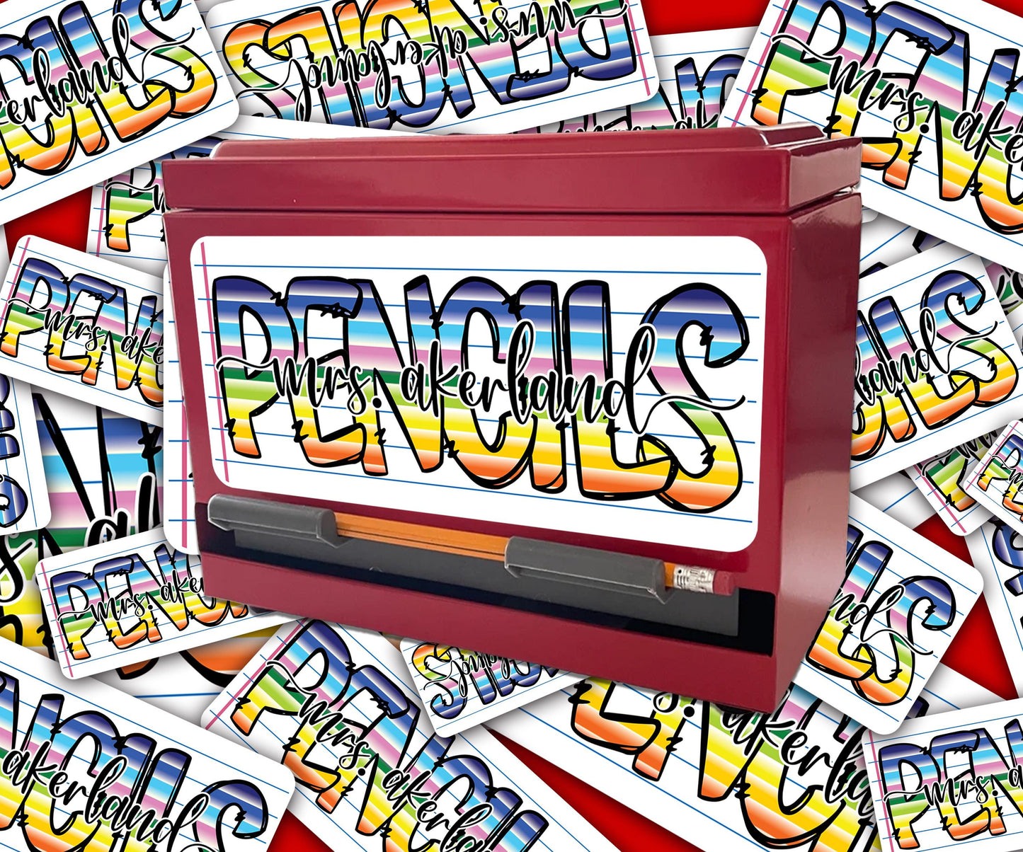 Custom Pencil Dispenser Vinyl Decal Personalized with a name, Waterproof Decal, Rainbow Theme, Teacher Appreciation Approx. 3.5x7.5 inches