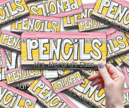 Custom Pencil Dispenser Vinyl Decal Personalized with a name, Waterproof Decal, Paper Pencil Theme, Teacher Appreciation Approx. 3.5x7.5 in