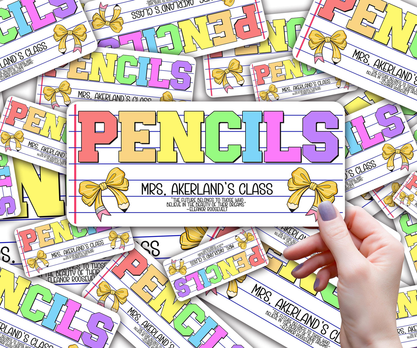 Custom Pencil Dispenser Vinyl Decal Personalized with a name, Waterproof Decal, Rainbow Theme, Teacher Appreciation Approx. 3.5x7.5 inches