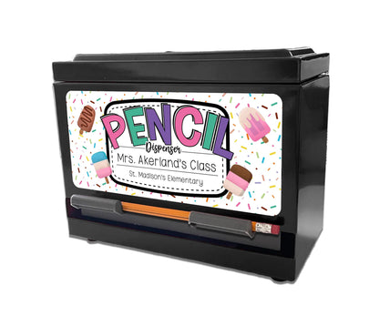 Custom Pencil Dispenser Waterproof Vinyl Decal OR Magnetic Decal Personalized with a name, Pastel Ice Cream Theme, Teacher Appreciation Gift