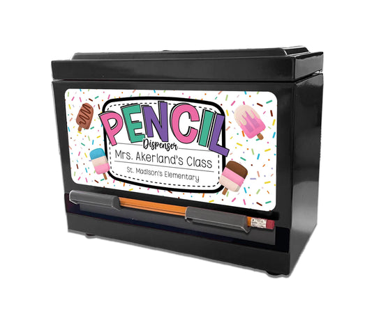 Custom Pencil Dispenser Waterproof Vinyl Decal OR Magnetic Decal Personalized with a name, Pastel Ice Cream Theme, Teacher Appreciation Gift
