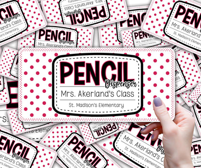 Custom Pencil Dispenser Waterproof Vinyl Decal OR Magnetic Decal Personalized with a name,  Pink Polka dot Theme, Teacher Appreciation Gift