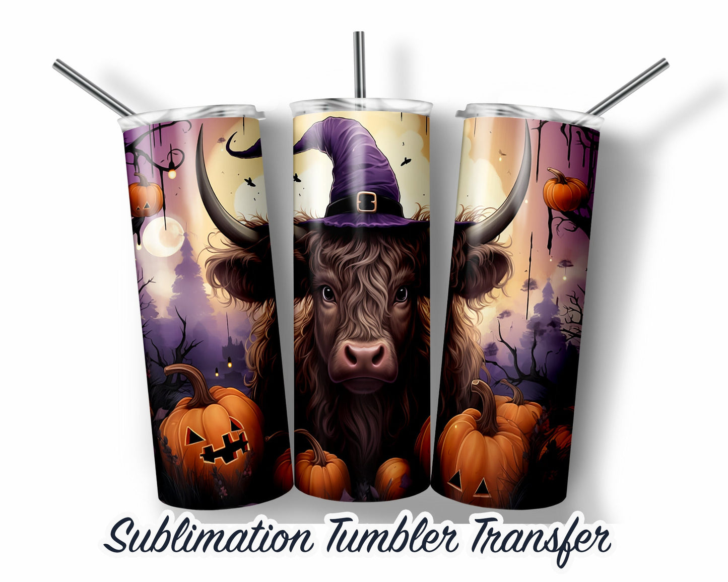 Highland Cow Halloween  Sublimation Transfer Print For 20 oz Tumblers - 30 oz Tumblers - Ready To press - Heat Transfers