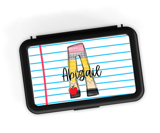 Custom Decal for Pencil Box Personalized with Name, 3.9 tall x 6.8 wide, Waterproof Decals for Student Classroom Sticker Pencil Doodle Alpha