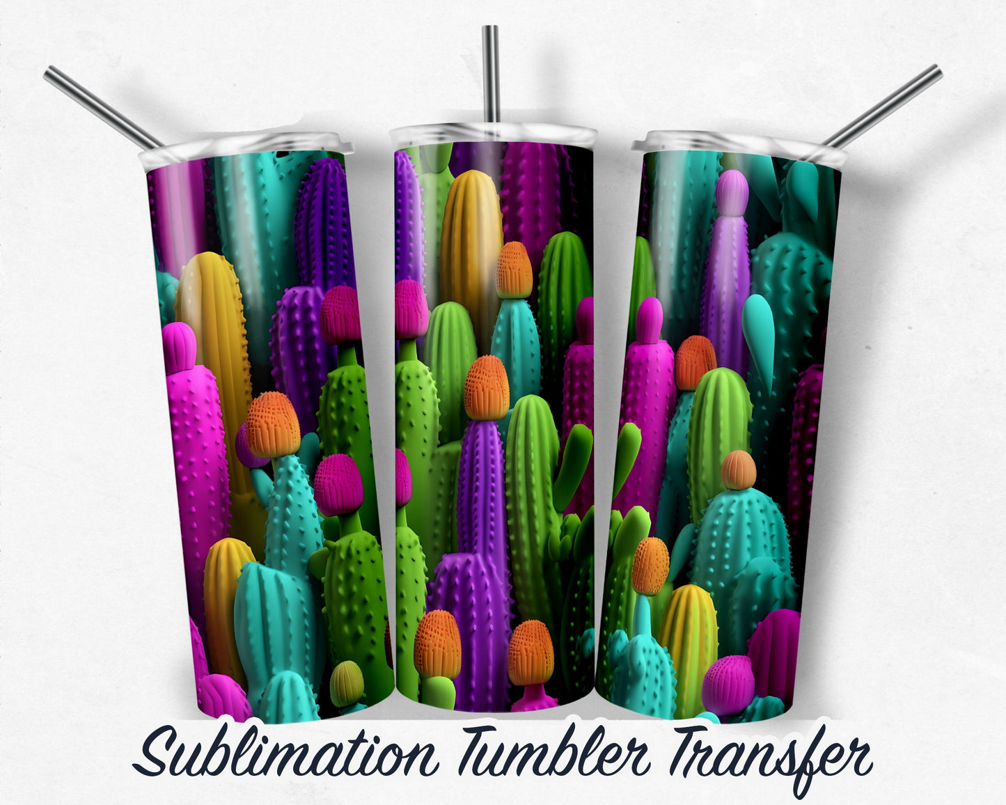 3D Cacti  Sublimation Transfer Print For 20 oz - 30 oz Skinny Tumbler - Ready To press - Heat Transfers S SHIPS NEXT DAY