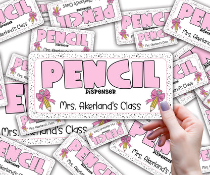 Custom Pencil Dispenser Waterproof Vinyl Decal OR Magnetic Decal Personalized with a name, Pink Pencil Bow Theme, Teacher Appreciation