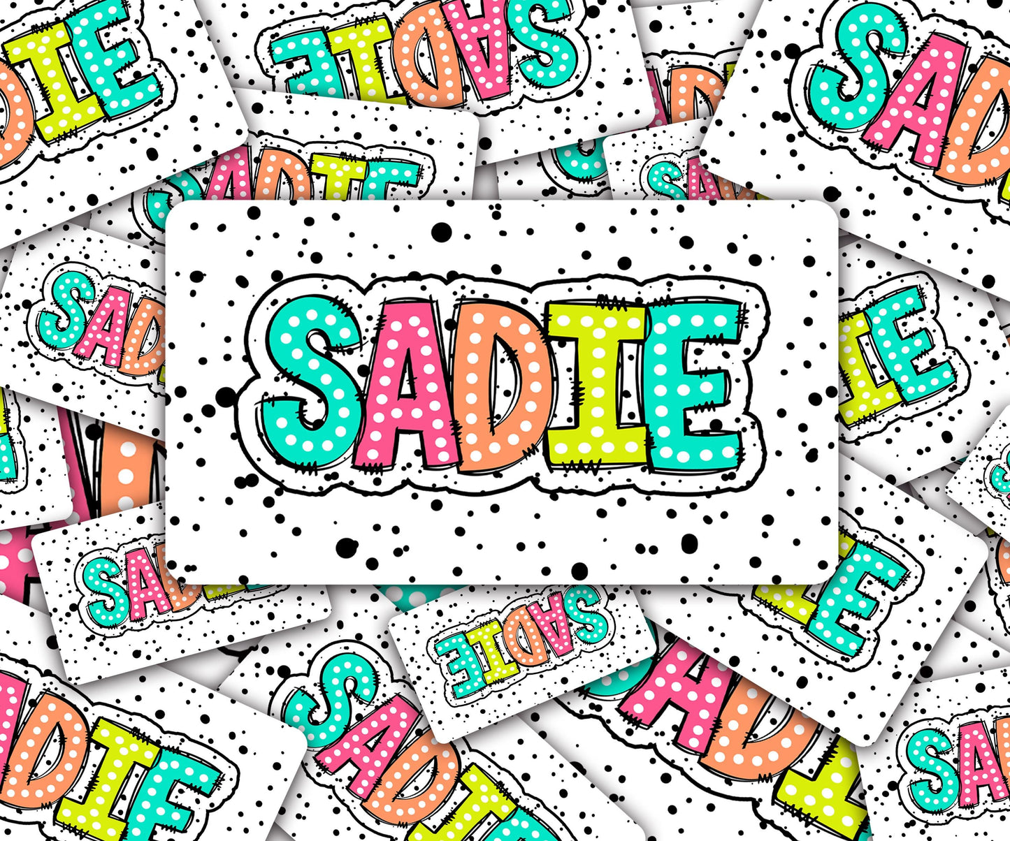 Custom Decal for Pencil Box Personalized with Name, 3.9 tall x 6.8 wide, Waterproof Decals for Student, Classroom Sticker, Rainbow Dot Theme