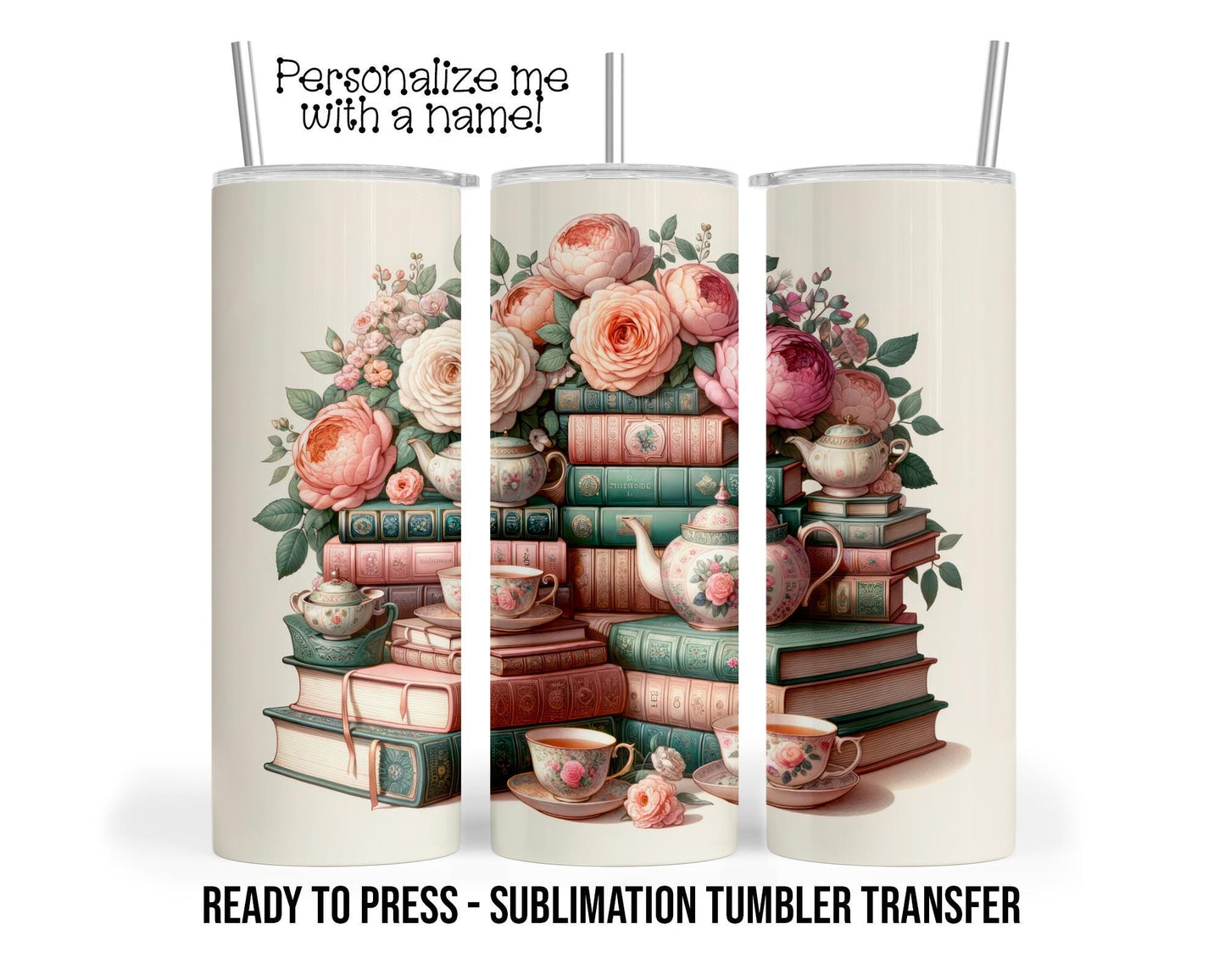 Vintage Book and Tea Cups, Book Lover Tea Time Sublimation Tumbler Transfer Print 20oz Tumbler, Ready To press Heat Transfer SHIPS NEXT DAY