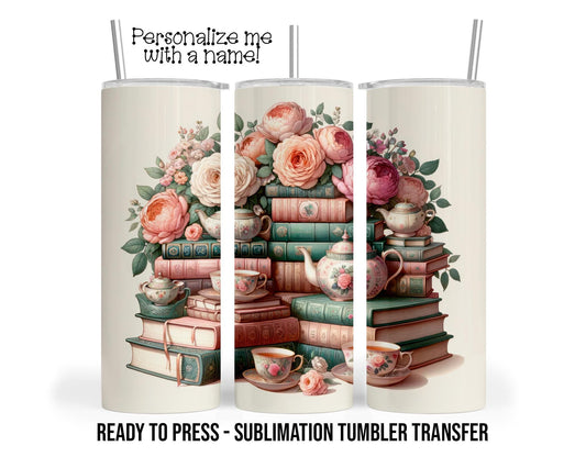 Vintage Book and Tea Cups, Book Lover Tea Time Sublimation Tumbler Transfer Print 20oz Tumbler, Ready To press Heat Transfer SHIPS NEXT DAY