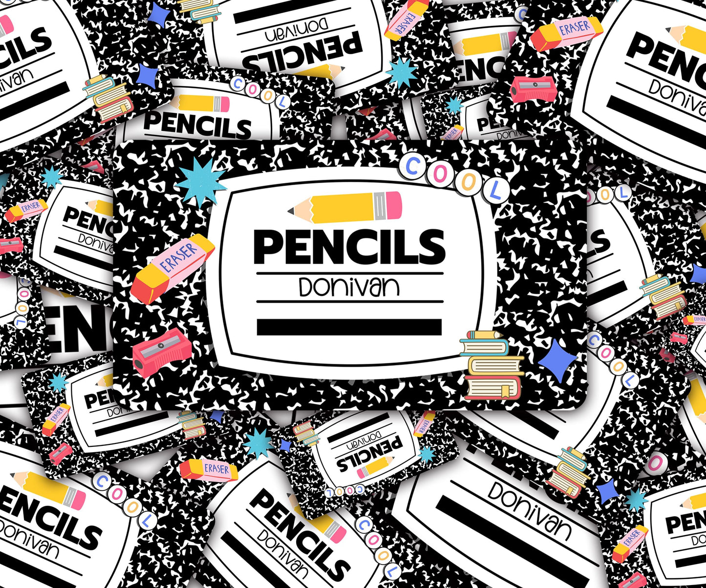 Custom Decal for Pencil Box Personalized with Name, 3.9 tall x 6.8 wide, Waterproof Decals for Students, Classroom Sticker Composition Book