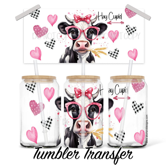 Valentines 16 oz Glass Can 16 oz Sublimation Transfer Ready to Press Heat Transfer - Cow with Hearts SHIPS NEXT DAY