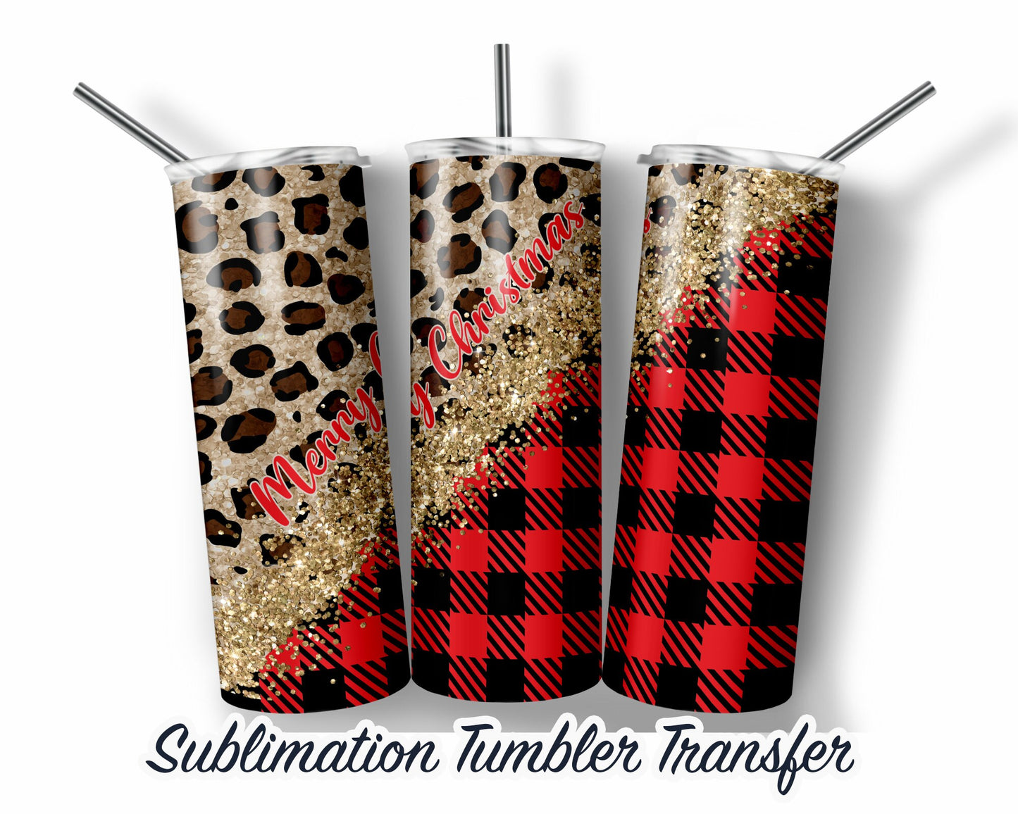 Merry Christmas Leopard Plaid  Sublimation Transfer Print For 20 oz - 30 oz Tumbler - Ready To press - Heat Transfers SHIPS NEXT DAY