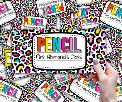 Custom Pencil Dispenser Waterproof Vinyl Decal OR Magnetic Decal Personalized with a name, Neon Leopard Theme, Teacher Appreciation Gift