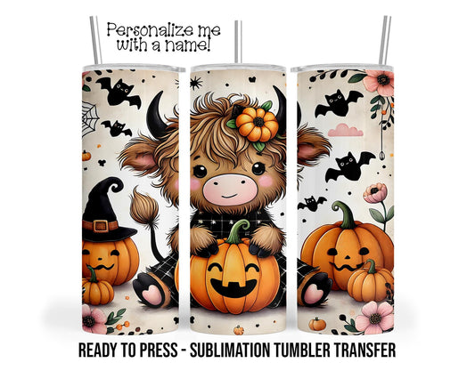 Halloween Highland Cow, Fall Wraps Sublimation Tumbler Transfer Print 20oz Tumbler, Ready To press Heat Transfer SHIPS NEXT DAY