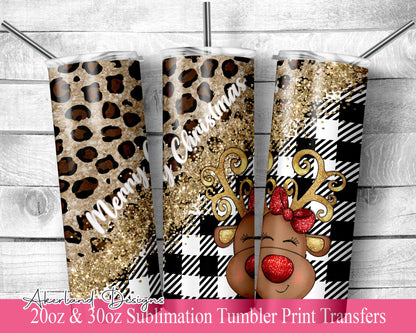 Merry Christmas Leopard Reindeer  Sublimation Transfer Print For 20 oz - 30 oz Tumbler - Ready To press - Heat Transfers