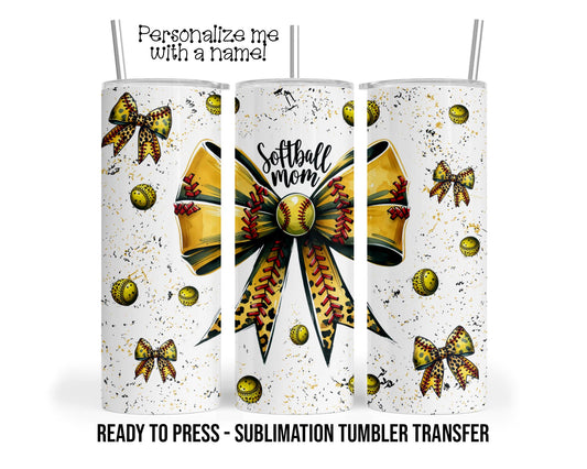 Softball Bow Sublimation Tumbler Transfer Print For 20 oz Tumblers - 30 oz Tumblers Ready To press Heat Transfers SHIPS NEXT DAY