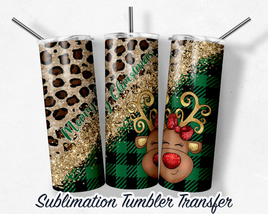 Merry Christmas Leopard Reindeer  Sublimation Transfer Print For 20 oz - 30 oz Tumbler - Ready To press - Heat Transfers SHIPS NEXT DAY