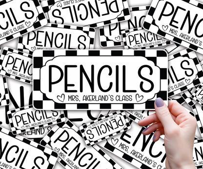 Custom Pencil Dispenser Vinyl Decal Personalized with a name, Waterproof Decal, Retro Checker, Teacher Appreciation Approx. 3.5x7.5 inches