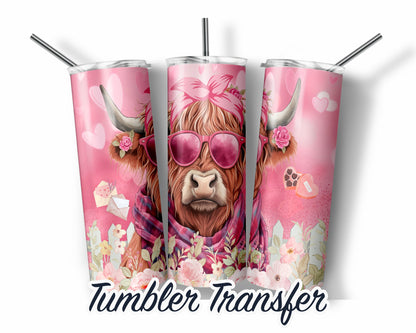 Valentine Highland Cow  Sublimation Transfer Print For 20 oz Tumbler - 30 oz Skinny Tumbler - RTP - Heat Transfers