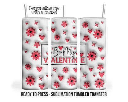 Sublimation Tumbler Transfer Print 20oz Tumbler, Ready To press Heat Transfer | 3D Puff Inflated Valentines Pink Heart Floral Tumbler Wrap