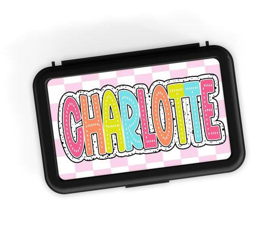 Custom Decal for Pencil Box Personalized with Name, 3.9 tall x 6.8 wide, Waterproof Decals for Student, Classroom Sticker, Rainbow Dot Theme