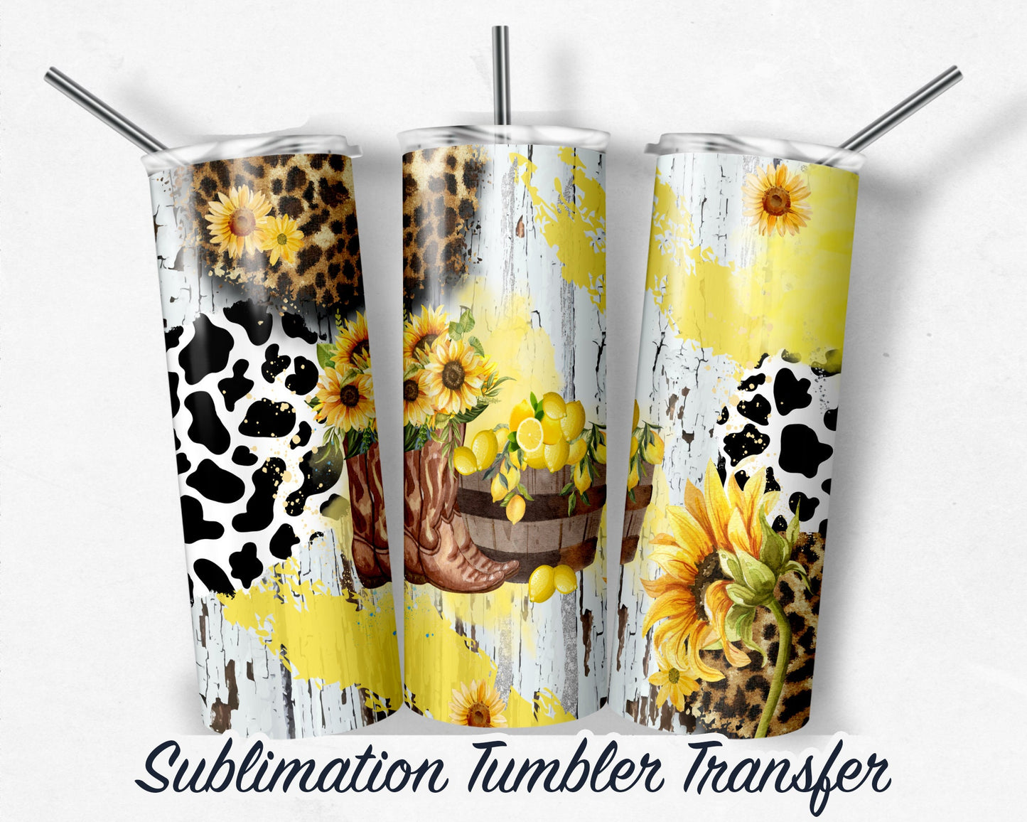 Sunflowers and Boots  Sublimation Transfer Print For 20 oz - 30 oz Skinny Tumbler - Ready To press - Heat Transfers SHIPS NEXT DAY