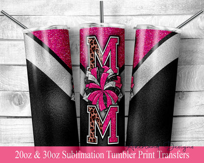 Hot Pink Cheer Mom -  Sublimation Transfer Print For 20 oz - 30 oz Skinny Tumbler - Ready To Press