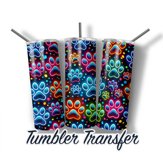 Neon Paw Prints Sublimation Transfer Print For 20 oz Tumbler - 30 oz Skinny Tumbler - Ready To press - Heat Transfer Ships Next Day