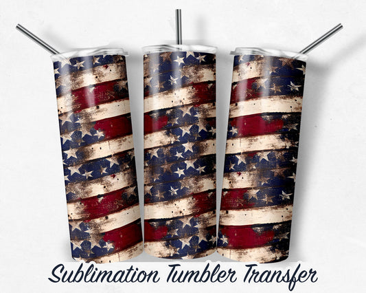 Vintage Patriotic Distressed Wood  Sublimation Transfer Print 20 oz - 30 oz Skinny Tumbler - Ready to Press - Heat Transfers SHIPS NEXT DAY
