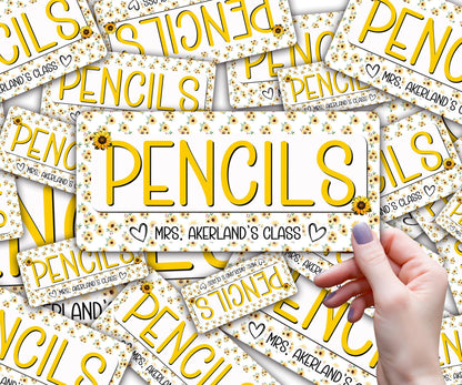Custom Pencil Dispenser Vinyl Decal Personalized with a name, Waterproof Decal, Sunflower Theme, Teacher Appreciation Approx. 3.5x7.5 inches