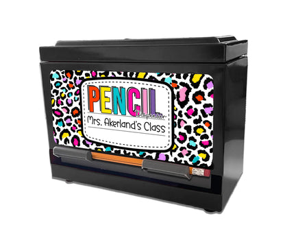 Custom Pencil Dispenser Waterproof Vinyl Decal OR Magnetic Decal Personalized with a name, Neon Leopard Theme, Teacher Appreciation Gift