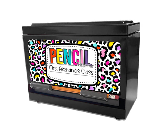 Custom Pencil Dispenser Waterproof Vinyl Decal OR Magnetic Decal Personalized with a name, Neon Leopard Theme, Teacher Appreciation Gift