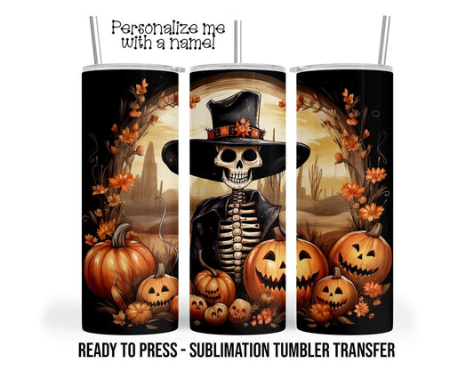 Fall Skeleton Halloween Sublimation Tumbler Transfer Print For 20oz Tumblers, 30oz Tumblers, Ready To Press Heat Transfers