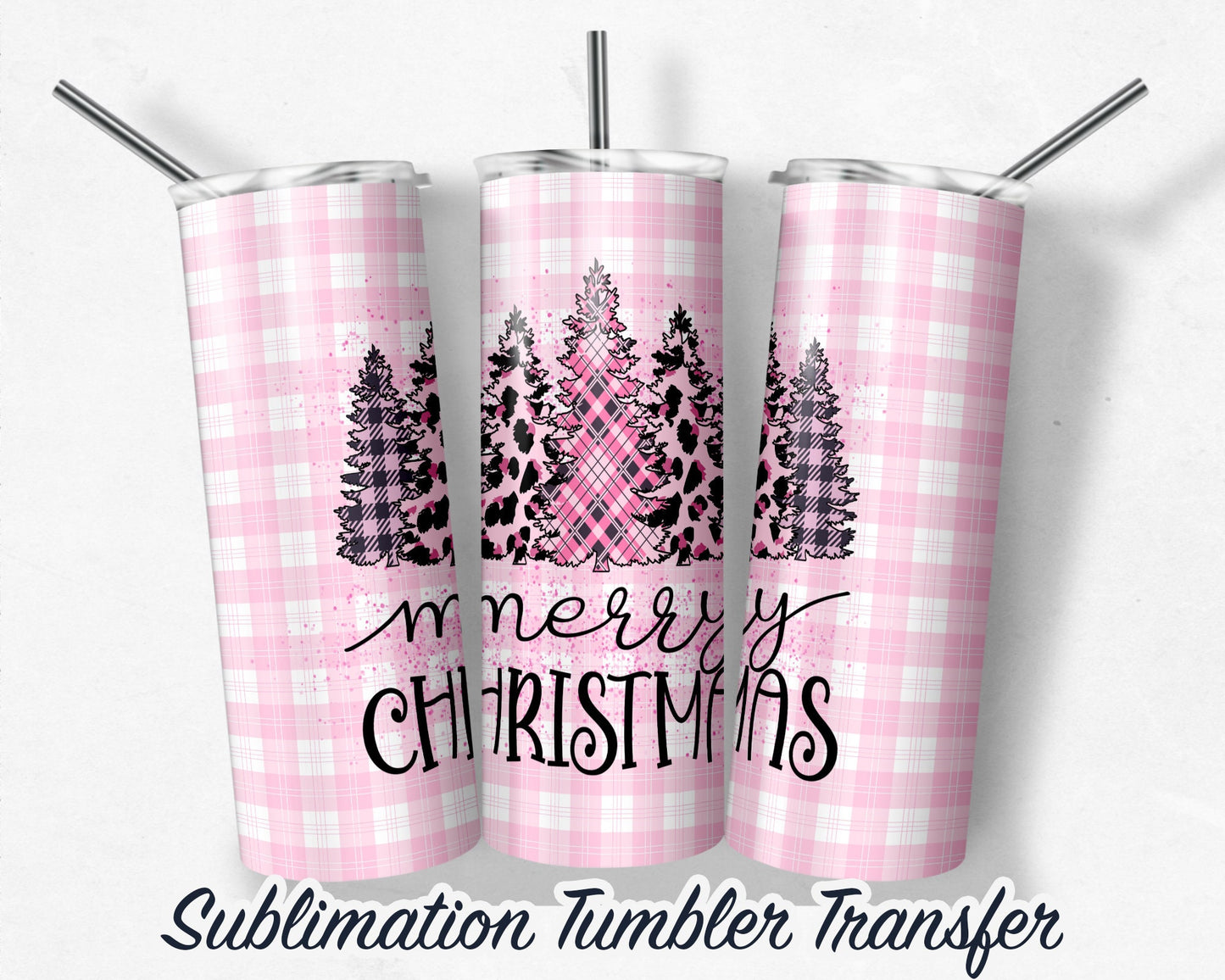 Merry Christmas Pink Trees Plaid  Sublimation Transfer Print For 20 oz - 30 oz Tumbler - Ready To press - Heat Transfers