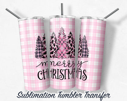 Merry Christmas Pink Trees Plaid  Sublimation Transfer Print For 20 oz - 30 oz Tumbler - Ready To press - Heat Transfers