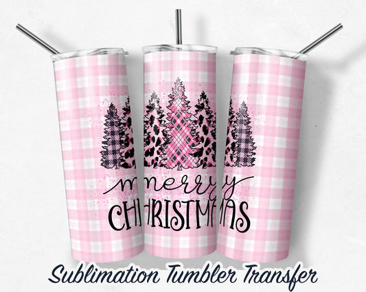 Merry Christmas Pink Trees Plaid  Sublimation Transfer Print For 20 oz - 30 oz Tumbler - Ready To press - Heat Transfers
