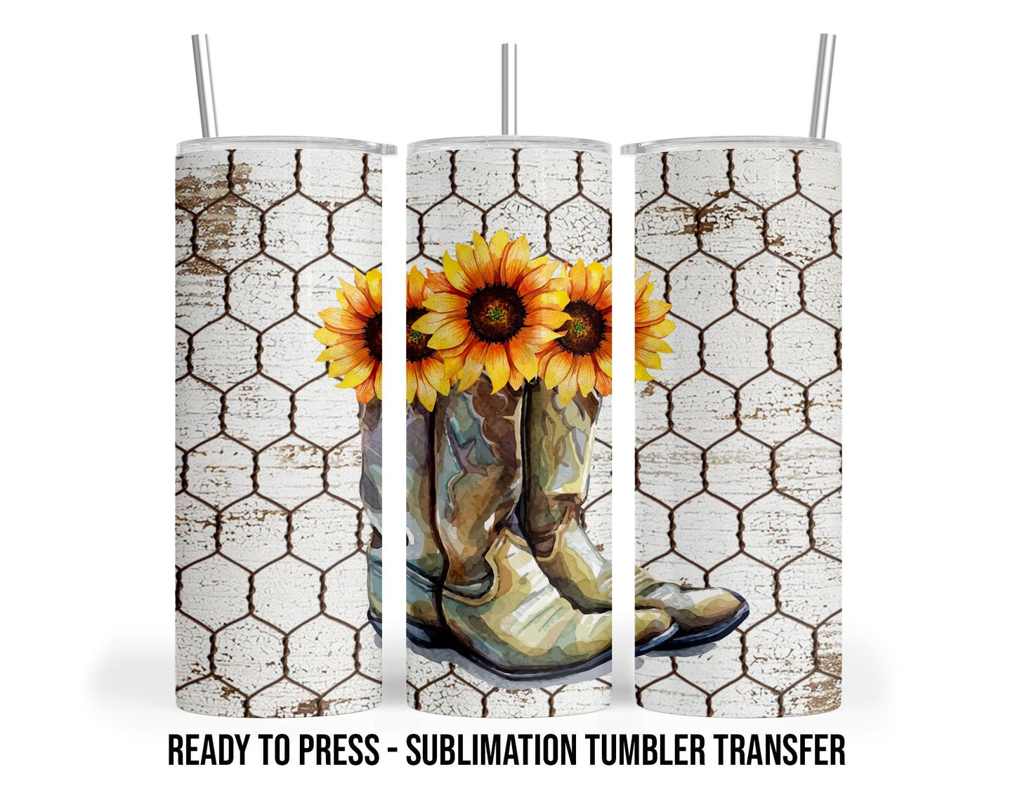 Sunflower Boots  Sublimation Transfer Print For 20 oz Tumblers - 30 oz Tumblers - Ready To press Heat Transfers SHIPS NEXT DAY
