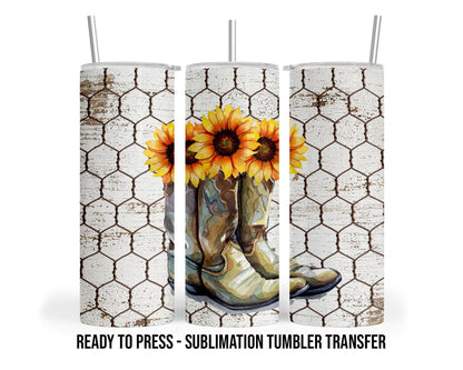 Sunflower Boots  Sublimation Transfer Print For 20 oz Tumblers - 30 oz Tumblers - Ready To press Heat Transfers SHIPS NEXT DAY