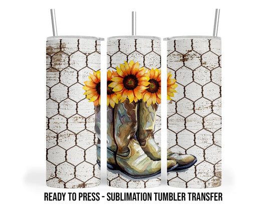 Sunflower Boots  Sublimation Transfer Print For 20 oz Tumblers - 30 oz Tumblers - Ready To press Heat Transfers SHIPS NEXT DAY