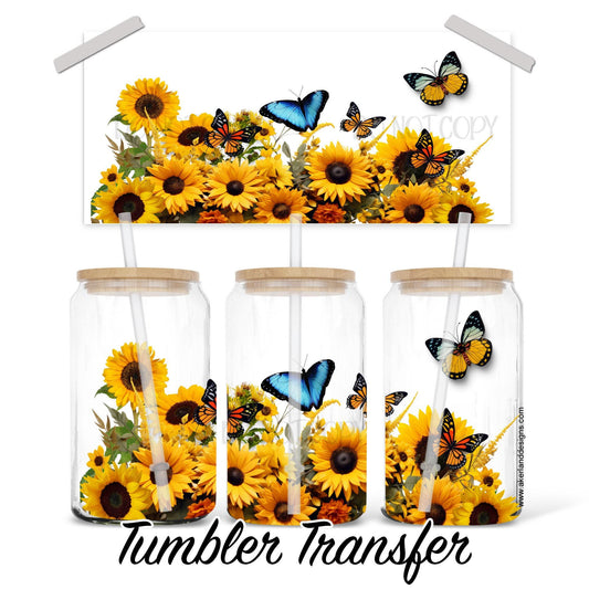 16 oz Glass Can 16 oz Sublimation Transfer Ready to Press Heat Transfer - Sunflowers and Butterflies SHIPS NEXT DAY