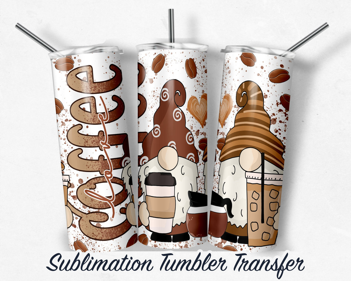 Coffee Gnomes  Sublimation Transfer Print For 20 oz - 30 oz Skinny Tumbler - Ready To press - Heat Transfers SHIPS NEXT DAY